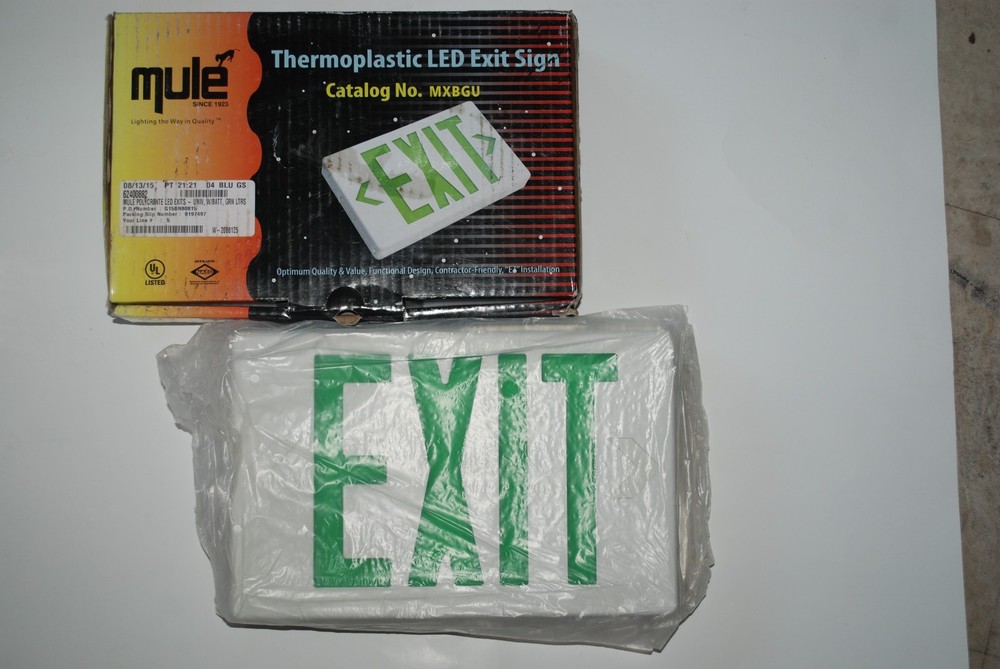 Green & White LED Exit Sign Slim & Low Profile with Battery Backup Mule