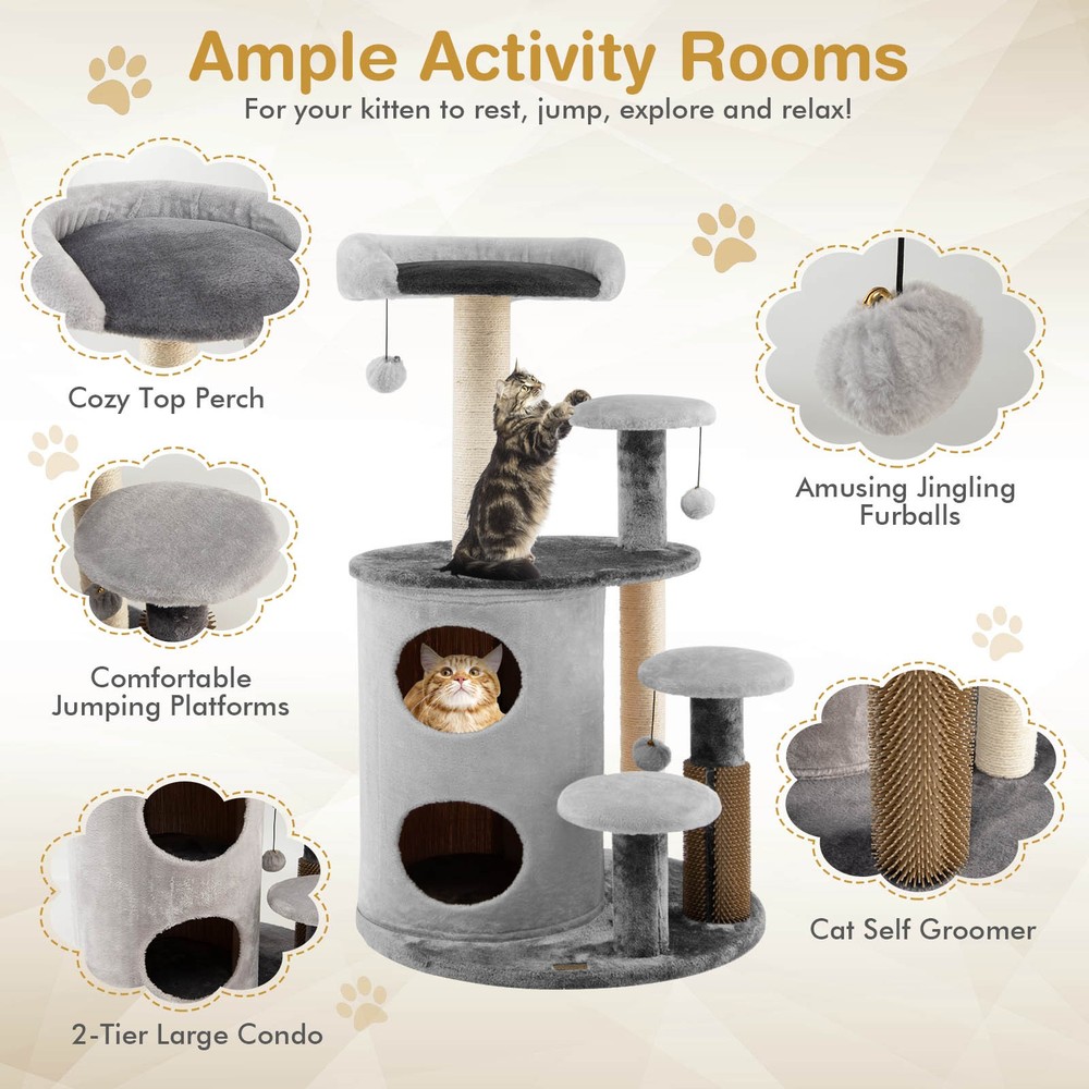 40" Cat Tree Tower Multi-Level Activity Tree with 2-Tier Cat-Hole Condo Grey
