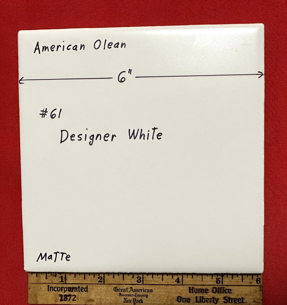 1 pc. *Matte Designer White* #61 by American Olean 6" X 6" Ceramic Tile: NEW