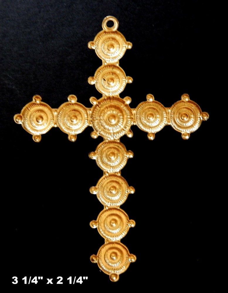 Large Cross / Ornate Design/Raw Brass Stamping/Loop for Hanging