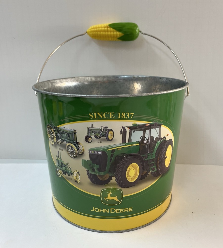 Decorative John Deere Tin Bucket w/Plastic Corn-shaped Grip Handle 7” H