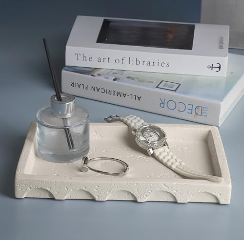 Decorative Tray with Semi-Circular Pattern Edge,Rectangular Concrete Beige