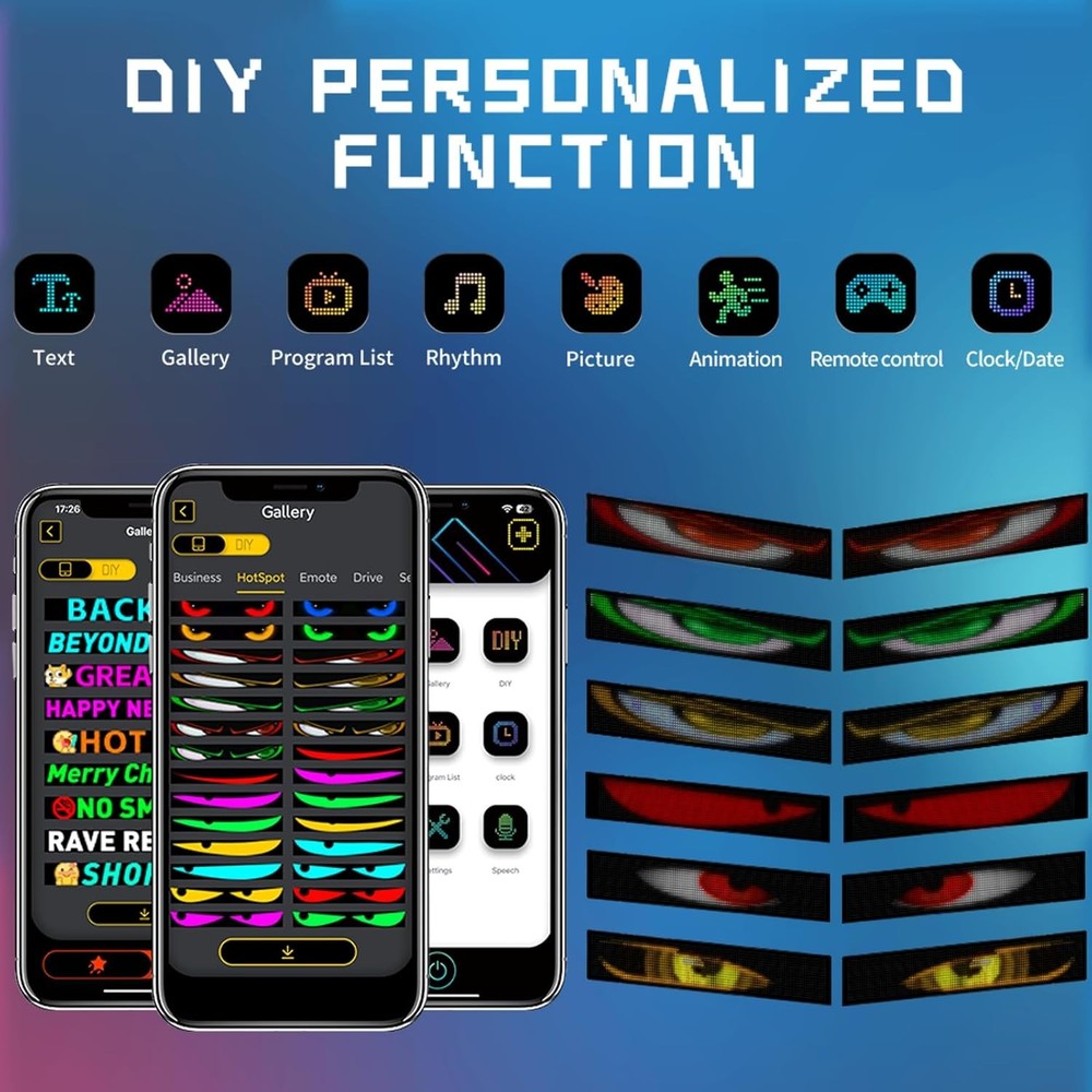 23.42"X4.72" Programmable Eyes LED Windshield Display Remote/App Control, Custom