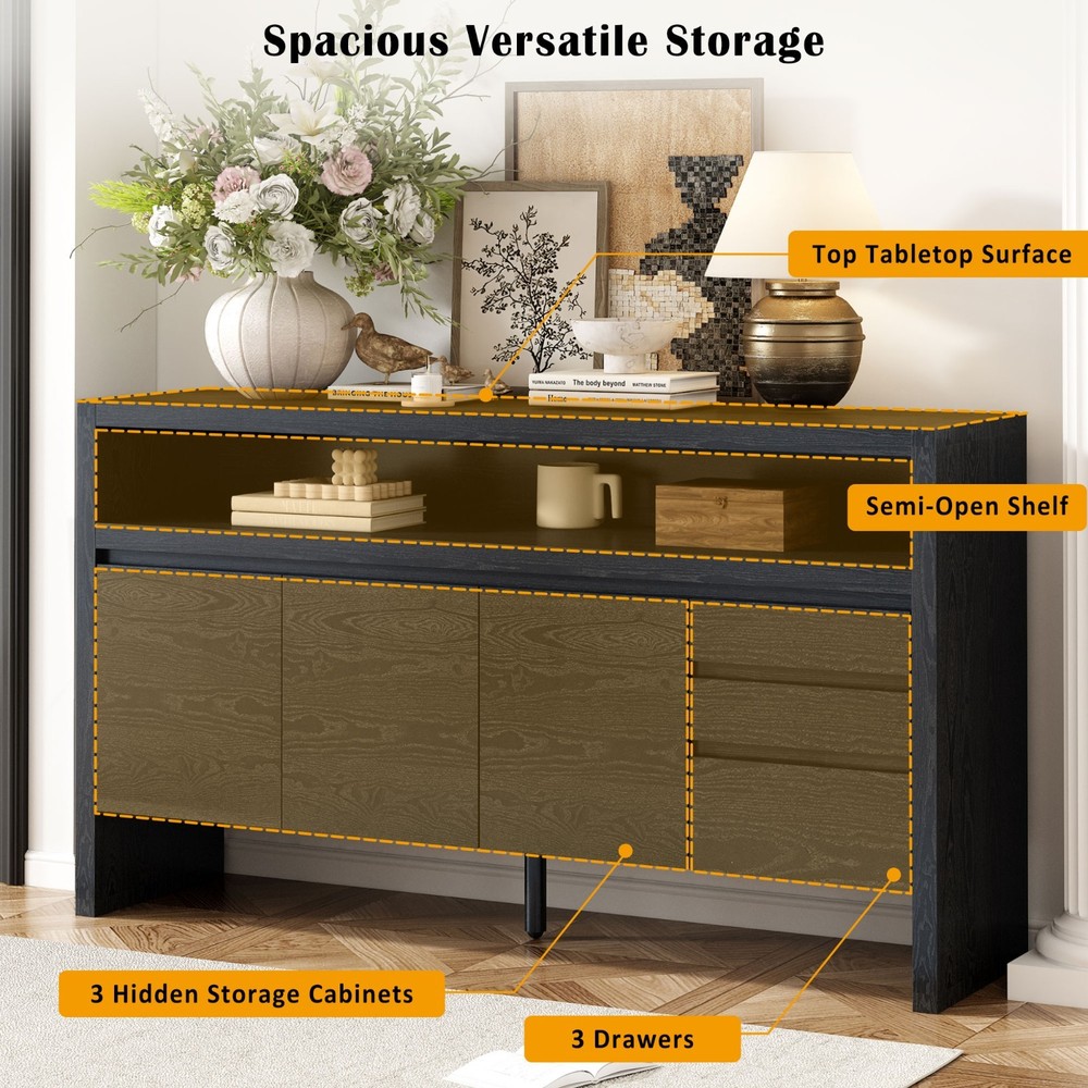 60" Modern Solid Ash Veneer Sideboard (3 Doors+3 Drawers, Semi-Open Shelf