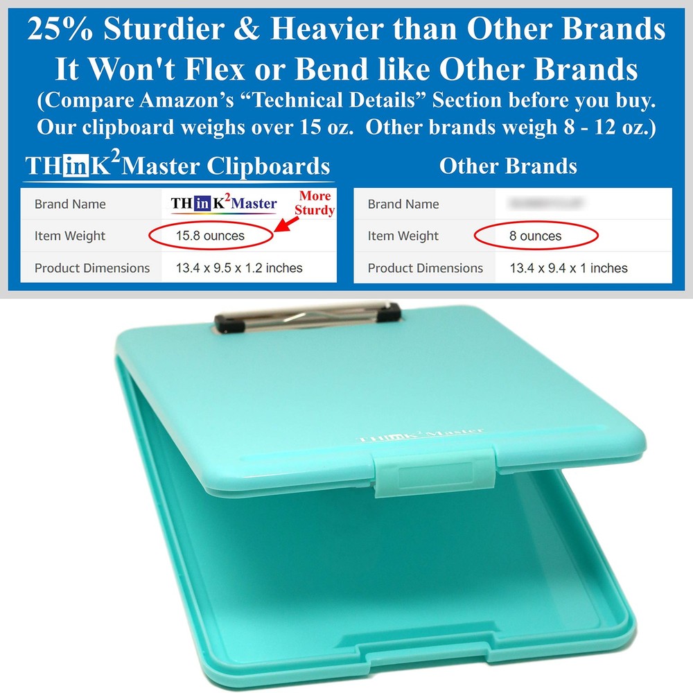 Think2Master [3 Pack] Teal Plastic Storage Clipboard. | 25% Heavier &