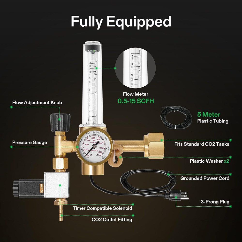 Hydroponics CO2 Regulator Emitter System with Solenoid Valve Flowmeter for Grow