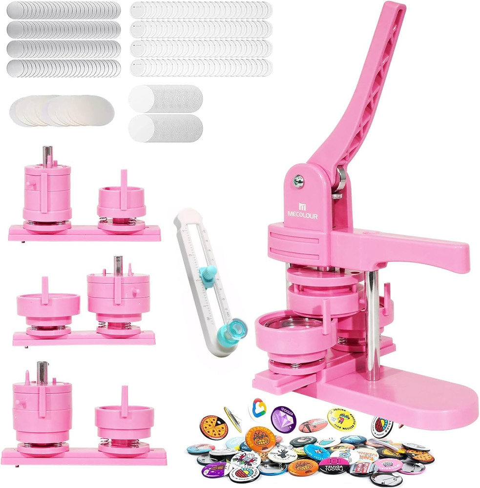 Versatile Button Maker Machine with 150 Supplies - DIY Pinback Buttons (Pink)