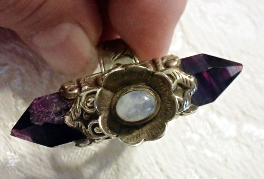 Purple Fluorite double point Ring with Moonstone adjustable