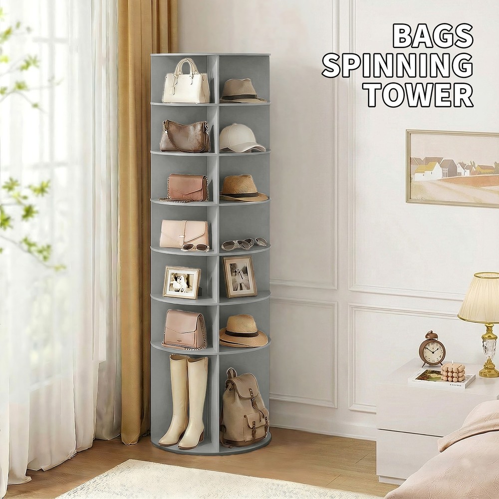 7-Tier 360° Rotating Shoe Rack Tall Grey Spinning Tower Space-Saving Organizer