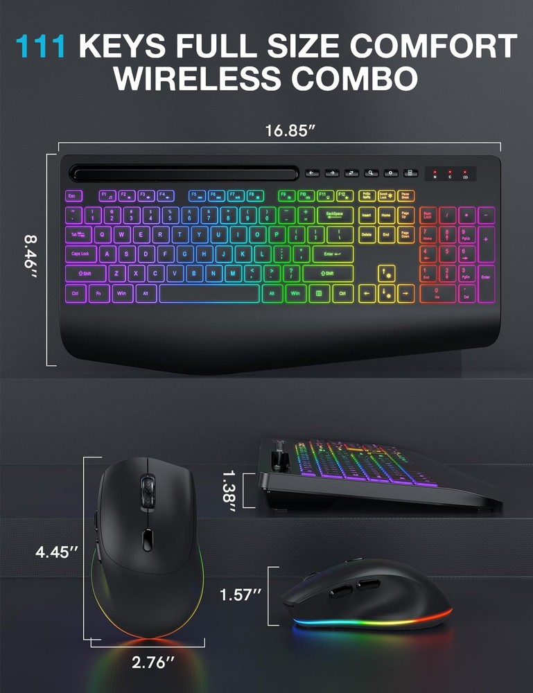 Wireless Keyboard and Mouse Combo - 9 Backlit Effects, RGB, Ergonomic Wrist R...
