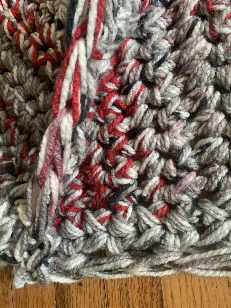 Crochet Handmade Thick Afghan Blanket Throw Red Gray 33”x51.5”