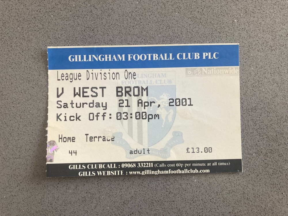 Gillingham v West Bromwich Albion 2000-01 Match Ticket