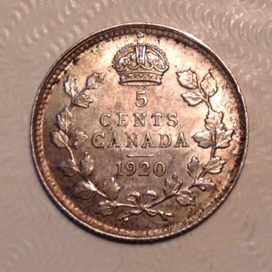 1920 Canada George V Five 5 Cents AU Almost Uncirculated cd -
