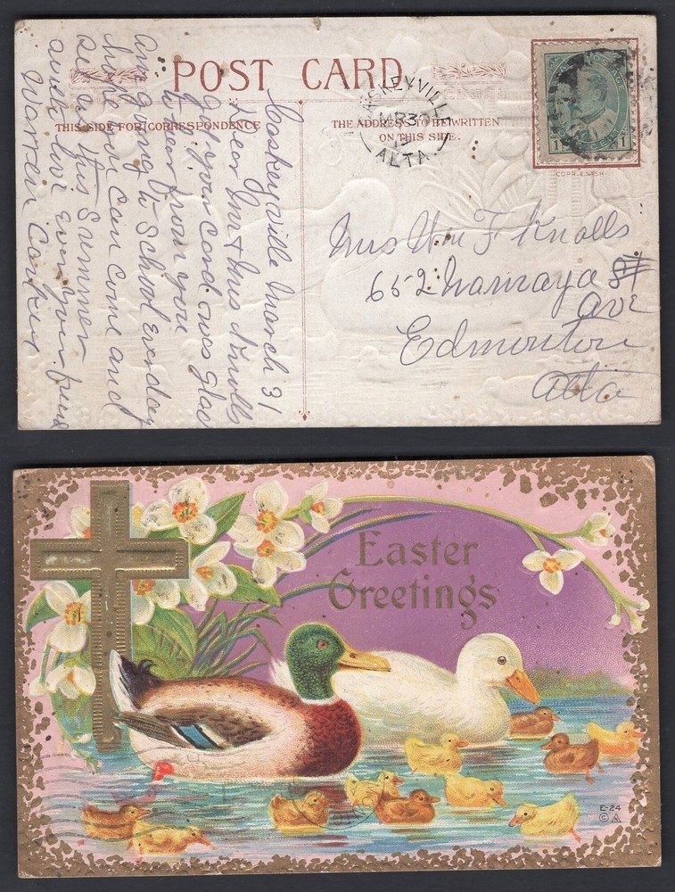 CANADA Caskeyville Alberta 1912 Split Ring on Easter Postcard to Edmonton