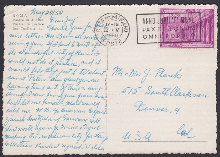 VATICAN, 1950. Post Card 129, Denver, Co