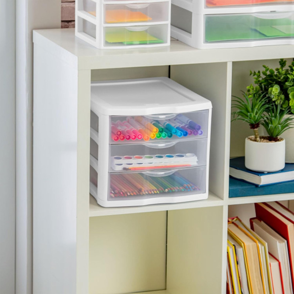 4-Pack 3 Drawer Unit, Stackable Plastic Organizer with Drawers, White Frame - Mu