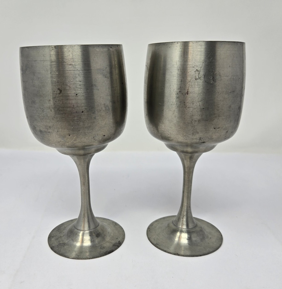 2 Judy Danforth Pewter Wine Goblets Vermont Handmade Tavenware Signed 1976