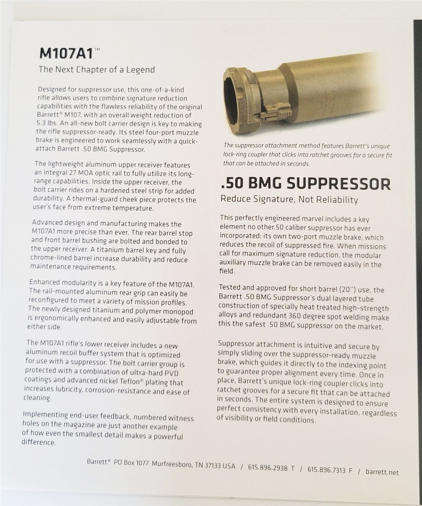 Barrett M107A1 Firearms Data Leaflet Military Hunting