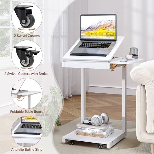 C Shaped End Table, Rolling Side Table with 4-Way C shaped table White