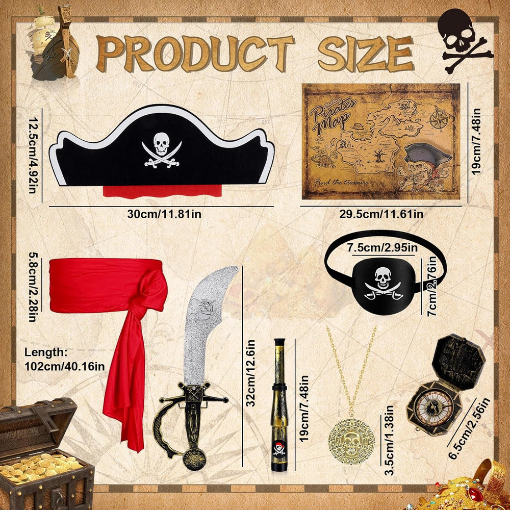 8 Pcs Pirate Costume Accessories Set Include Pirate Hat Headband Eye Patch Binoc