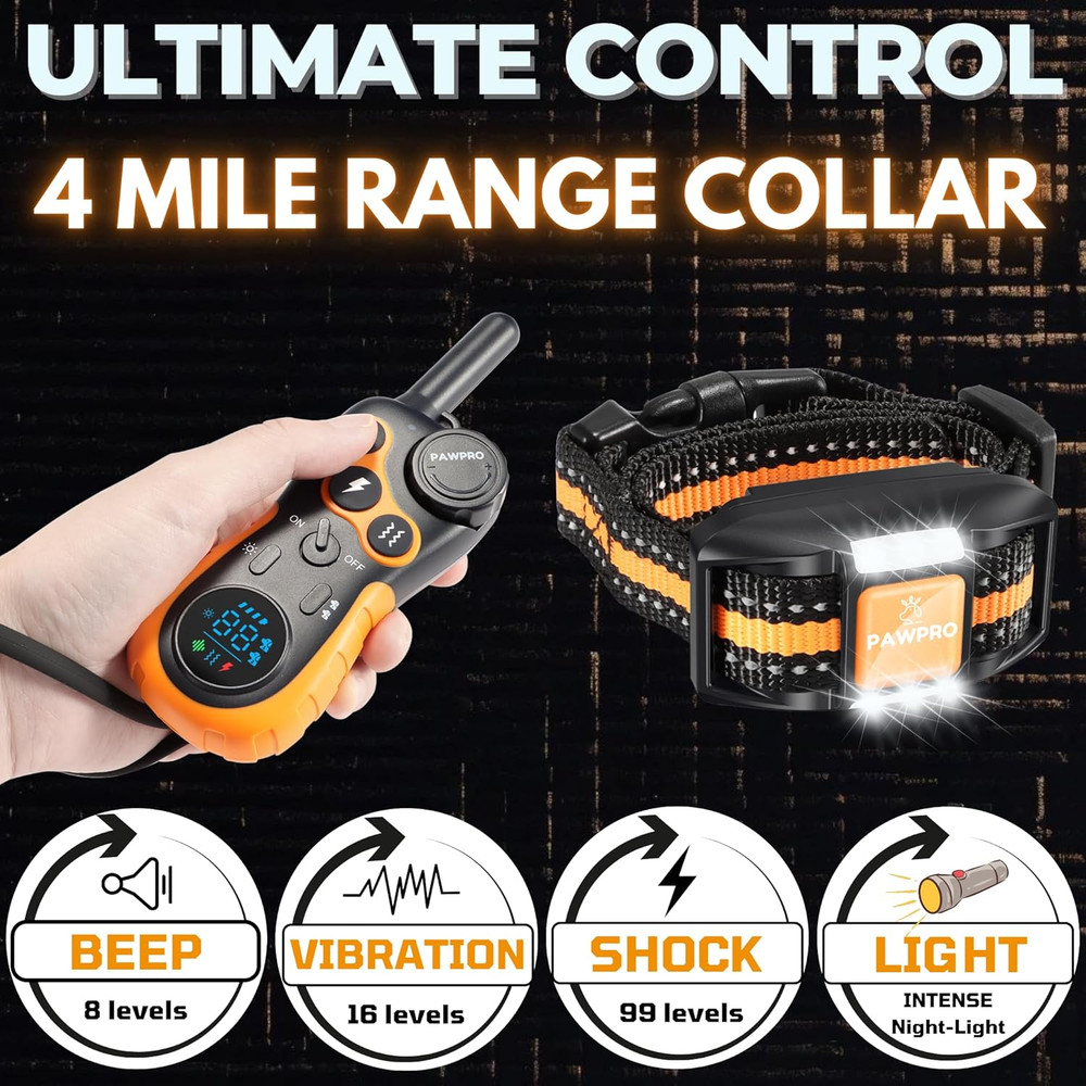 Dog Shock Collar with Remote, Unmatched 4-Mile Range, Night-Light Mode, Training
