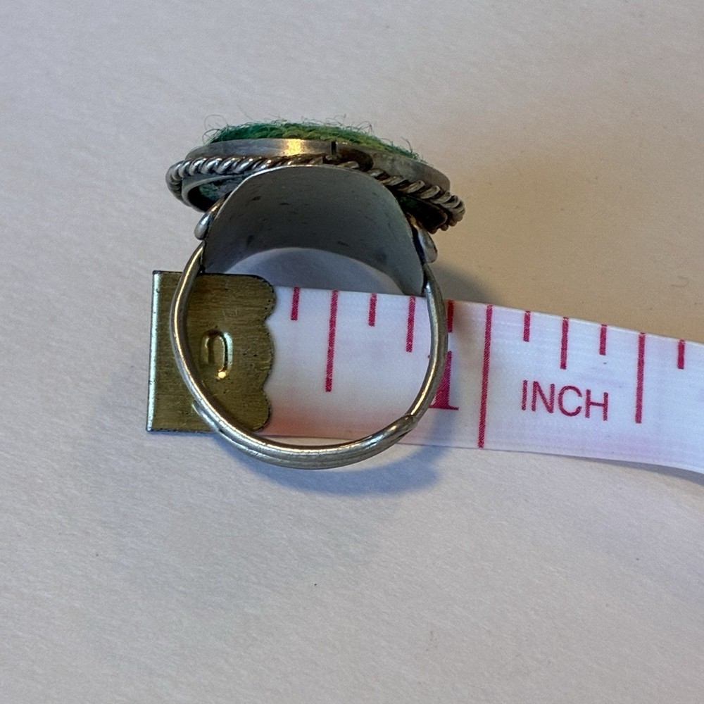 Boho Adjustable Green Woven Textile Ring with Twisted Rope Bezel Silver Toned
