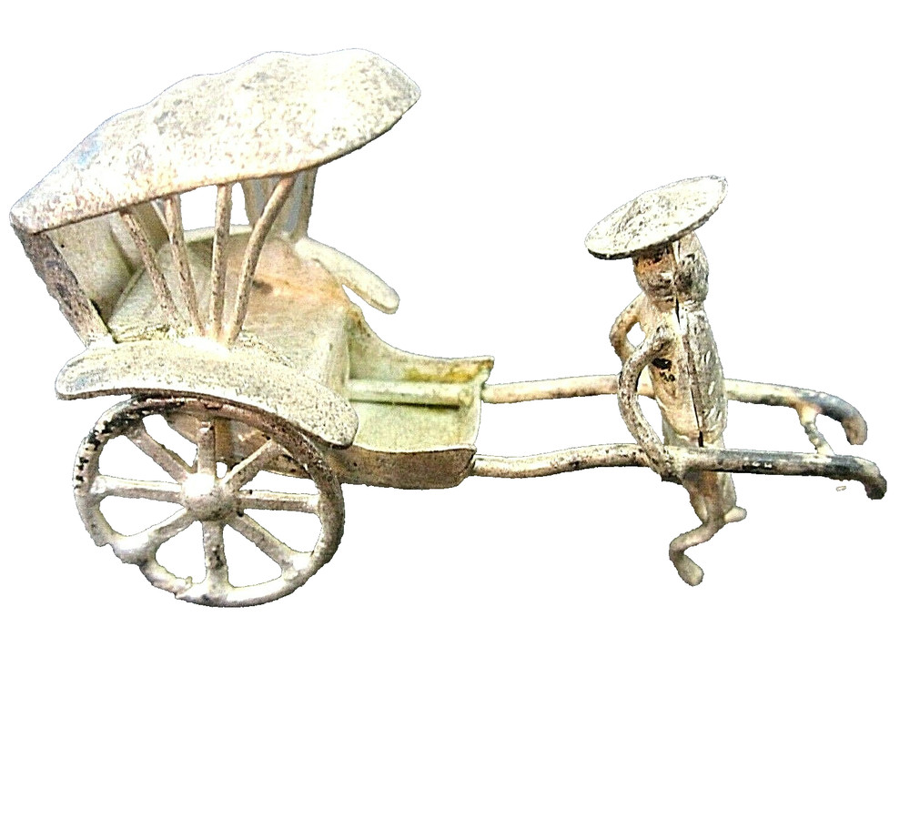 Antique Silver Plated Small Oriental Man Pulls Cart Wheels Move Rickshaw