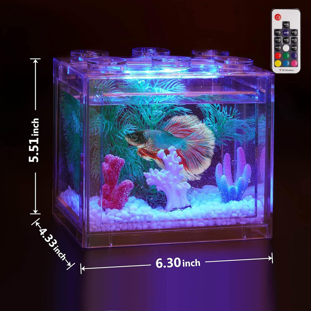 Small Betta Fish Tank, Aquarium Tank Kit with LED Lighting, 0.6 Gallon Stackable