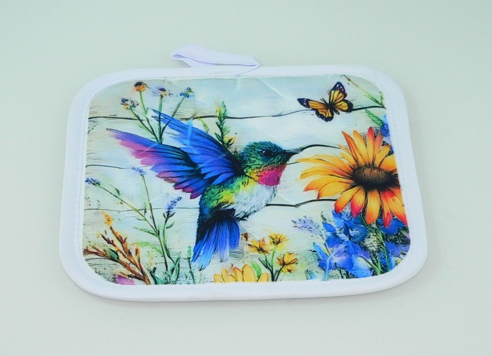 Handcrafted Hummingbird Quilted Potholder | Colorful Kitchen Decor 7x7