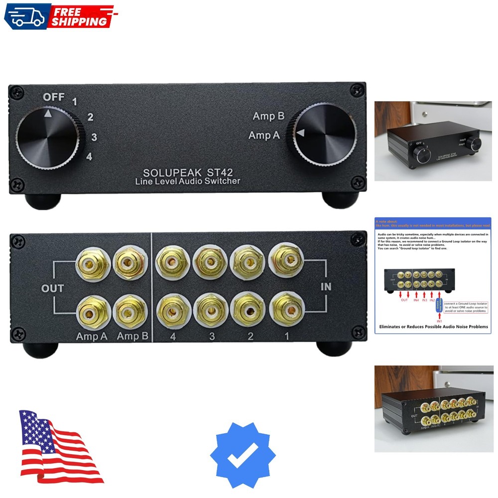 ST42 4-Way RCA Audio Switch Source Signal Input switcher selector Splitter Bo...