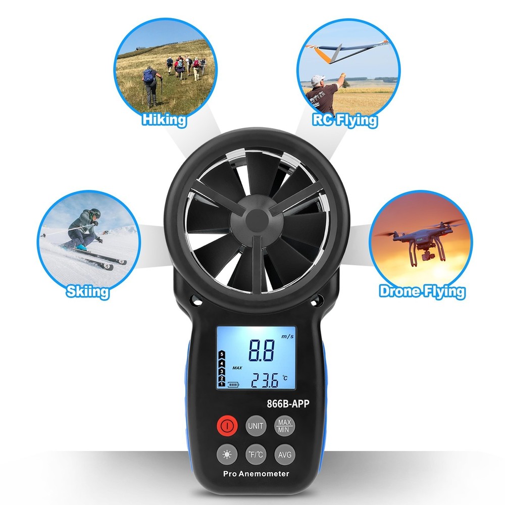 Digital Handheld Anemometer with Bluetooth & Temp Sensor - 30m/s Max Wind Speed