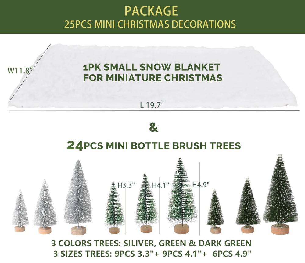 Christmas Decor Bottle Brush Trees Set- 24PCS Assorted White & Green