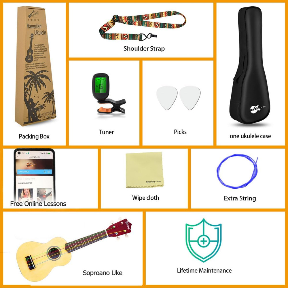 Everjoys Soprano Ukulele Beginner Pack-21 Inch w/Rainbow String Free Online Less