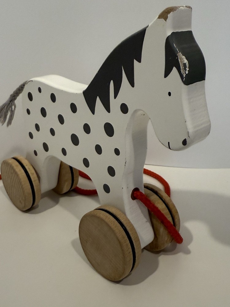 Vintage Goki Horse Pull Toy White With Black Mane And Spots Red Pull String