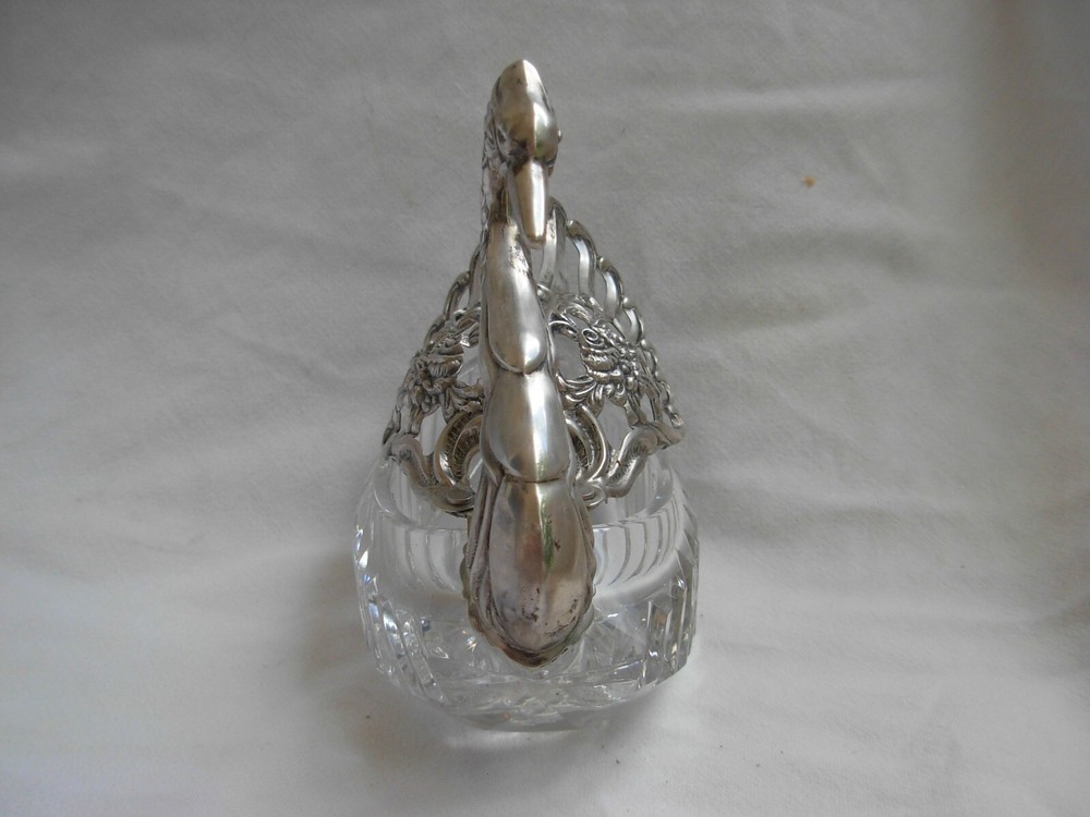 ANTIQUE SOLID SILVER CUT CRYSTAL SALT CELLAR,SWAN SHAPE,20th CENTURY.