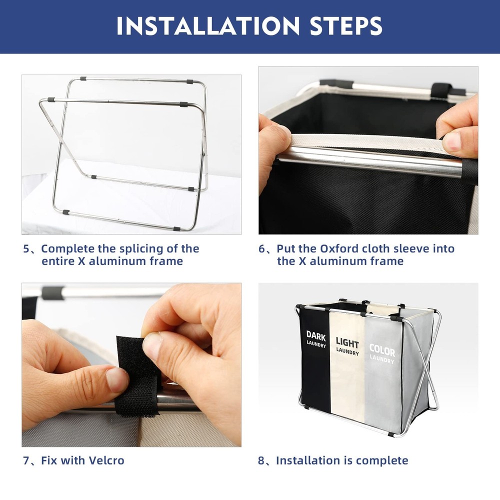 Laundry Cloth Hamper Sorter Basket Bin Foldable 3 Sections with stainless ste...