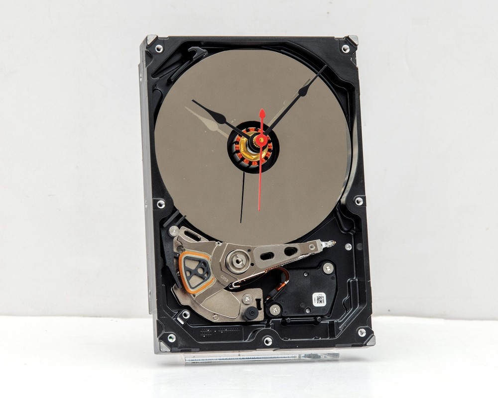 Recycled computer hard drive desk clock, Quartz, time, battery, upcycle, PC, Mac