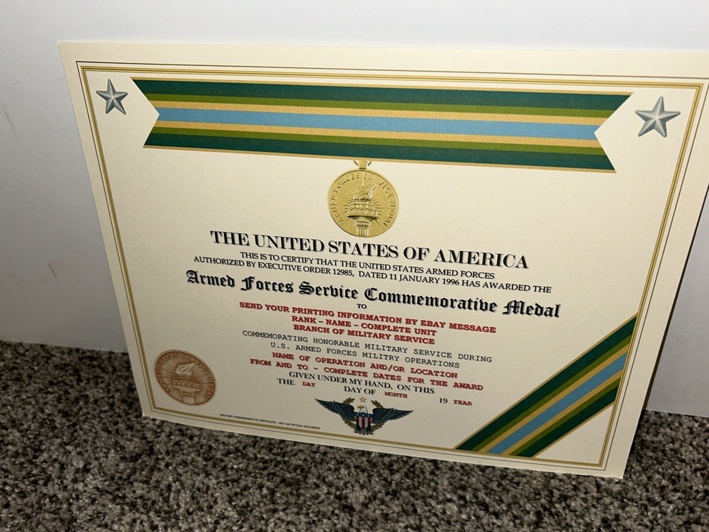 ARMED FORCES SERVICE MEDAL COMMEMORATIVE CERTIFICATE ~ W/PRINTING TYPE-1