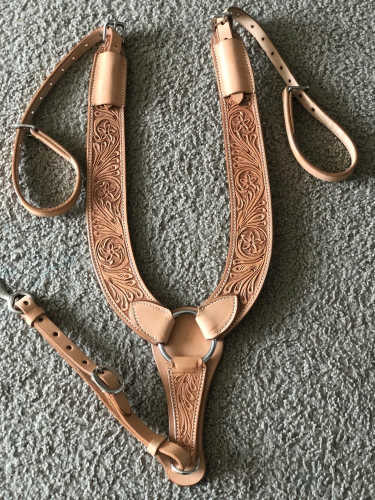 Western Natural Leather hand Carved Pulling Breast Collar