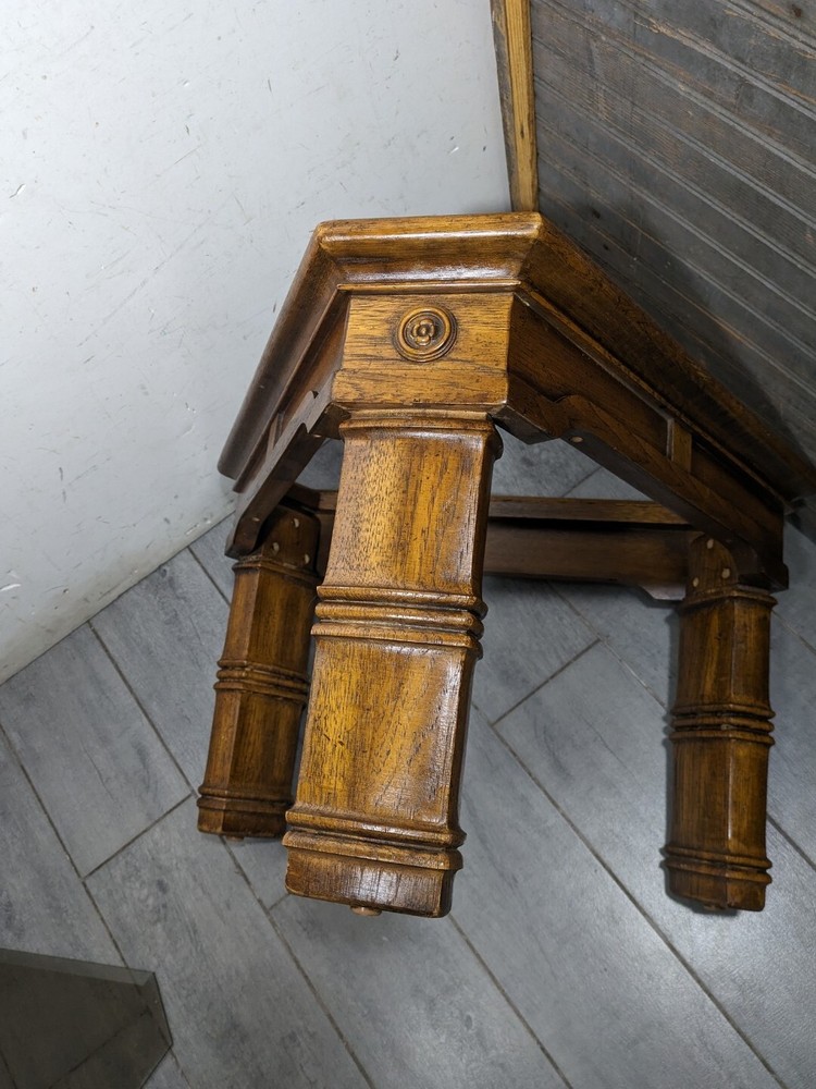 Vintage Rustic Carved Oak Wood Triangular Side Table Spanish Colonial Style