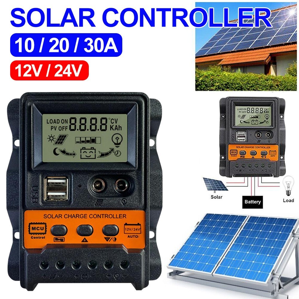 Solar Panel Battery Charge Controller 12V/24V USB LCD Regulator Tool 10/20/30A.