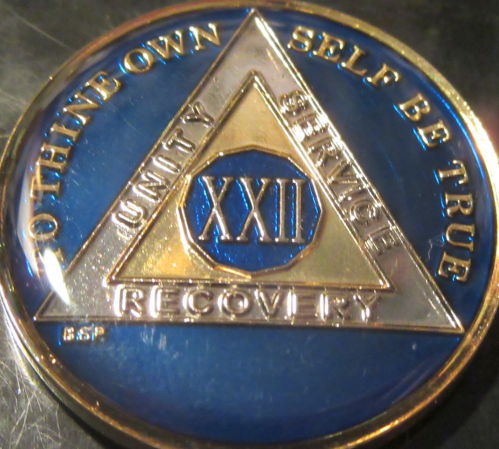 Blue Tri Plate Alcoholics Anonymous 22 Year AA Medallion Token Chip coin Sober