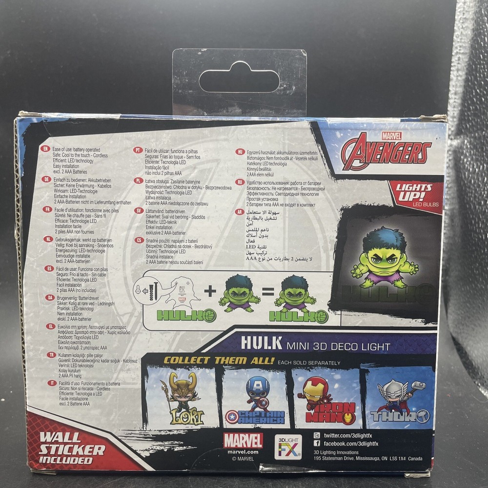 Marvel Avengers Hulk Mini 3D Decor Lights Up LED Cordless, box damaged