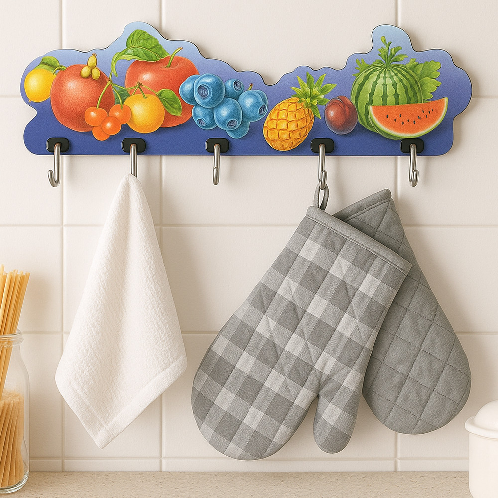2 Pack Self Adhesive Wall Hooks Rack Fruit Design 5 Hooks Kitchen Key Holder