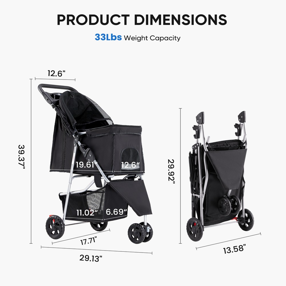 Lightweight Foldable Pet Stroller - Comfortable Easy-Ride Carrier for Dogs Cats