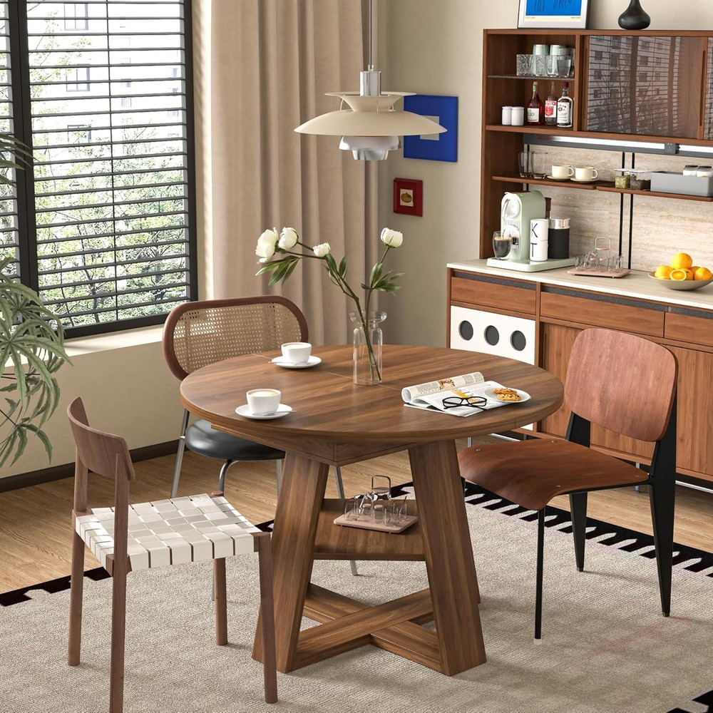 Modern Walnut Dining Table with Removable Leaves for 4-8 - Space Saving Design