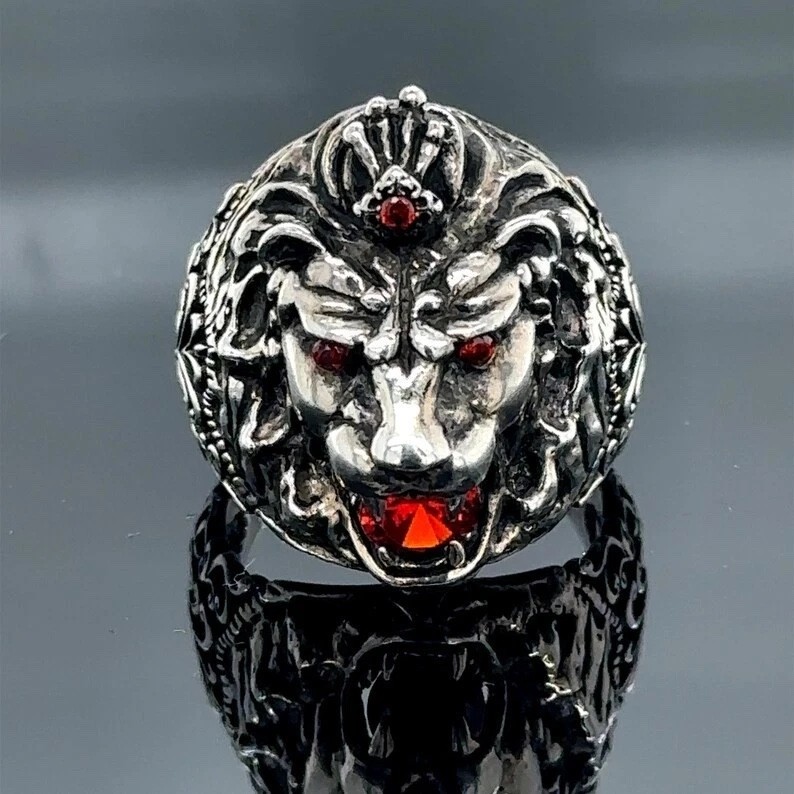 Silver 925 Ruby Eyes Leon Head Animal Signet Ring