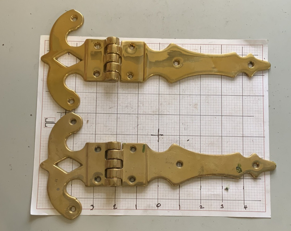pair matching 12" fancy brass refrigerator cabinet hinge, no offset