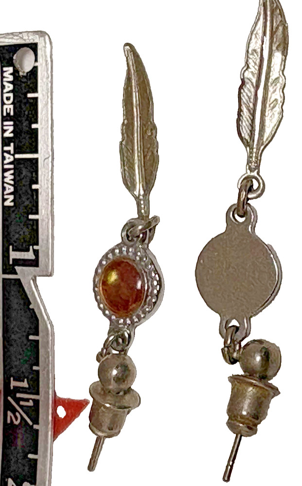 Silver Feather Dangle Earrings with Brown Cabochon Stone Accent