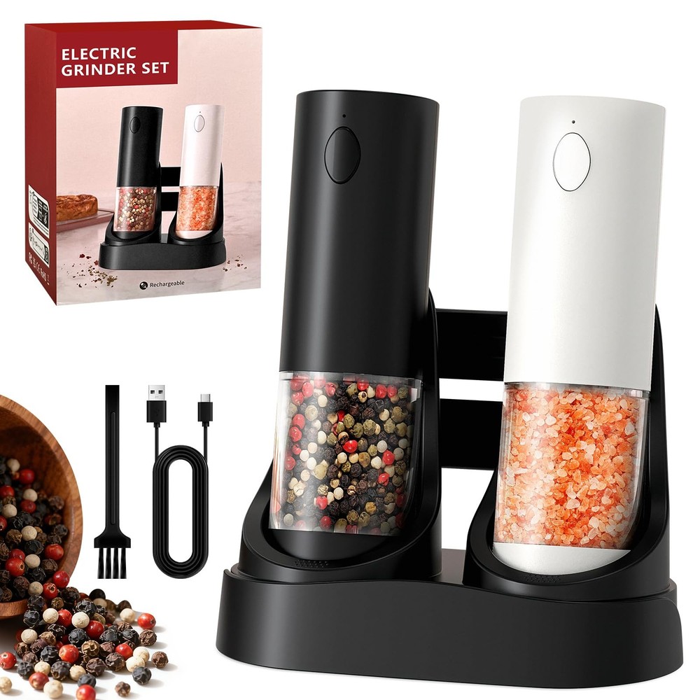 Salt and Pepper Grinder Set - Rechargeable Battery Operated, Adjustable Coars...